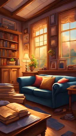 a drawing of a living room with a couch, cozy home background, thomas kinkade. cute cozy room, cozy living room background, alchemist library background, pleasant cozy atmosphere, painting of a room, cute room, cozy atmosphere, personal room background, photorealistic room, reading nook, warm interiors, cozy wallpaper, warm living room, a room