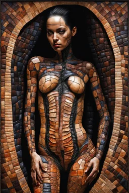 a human body patchwork sewn of big pieces of human skin. show all of the body. horror setting. clive barker. h. r. giger.