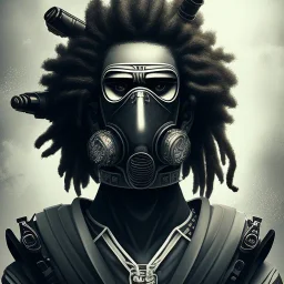 Guerreiro samurai afro com dreads cyberpunk com máscara de gás
