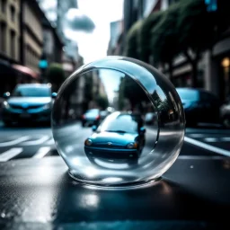 A photo of a transparent soap bubble with the shape of a car, in the middle of the traffic.