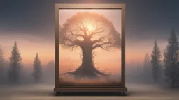 drawing on a cabinet 1.45 meters high and 34 meters wide, the last tree, city of the future year 4222, portal in space that's leads to the afterlife, and a beautiful sunset and galaxy's behind the fog, very realistic, 4K