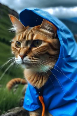 Un Gato naranja, vestido con una capa azul y anteojos de aviador bajo la lluvia en un montaña en Cordoba, Argentina.