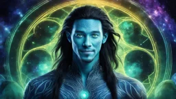 beautiful gorgeous young man na'vi with long hair, Avatar, blue skin, two small ears, green eyes, black hair, in cosmic suit, galactic ambiance, medium pointy goatee , smiling, nebulas and sacred geometry light figures on the backgroud,