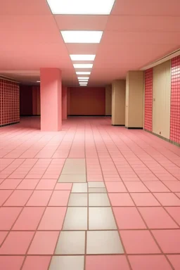 empty 1960's mall with neutral colors, pink floor