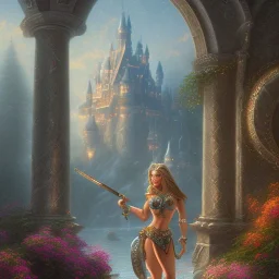 cinematic, majestic female barbarian, bodybuilder woman, bokeh, castle fortress, by thomas kinkade mark keathley terry redlin