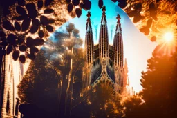 double exposure, sagrada familia barcelona in sunshine, backlit, ethereal, cinematic postprocessing, bokeh, dof