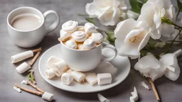 Homemade marshmallow dessert, cup of hot tea, vanilla sticks and white eustoma flowers. Spring concept