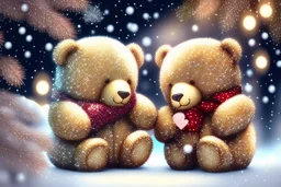 cute teddy bears holding hearts covered in sparkling gold glitter, beautiful winter composition, snowflakes, pine branches, Christmas ornaments and glowing Christmas lights