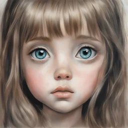Little girl , in the style of Margaret Keane, long hair, ,very huge damp eyes, close up