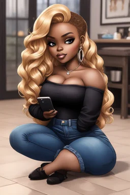 Create a magna art of a black chibi curvy female sitting on the floor looking at her cell phone. She is wearing tight blue jeans and a black off the shoulder blouse. Prominent make up with lush lashes. Highly detailed wavy ombre blonde and brown long hair. She is also wearing silver large hoop earrings