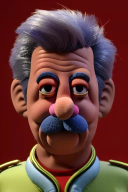 Waist up muppet Portrait, Nicolas maduro us muppet doll, Venezuelan president, tracksuit red blue and yellow, mustache, photo studio, red background, unreal engine 5, concept art, art station, ray tracing, lumen lighting, ultra detail, volumetric lighting, 3d.