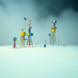 Fotografia di una superficie piatta di colore azzurro chiaro e giallo pastello, su cui si ergono surreali strutture di forma astratta, di vari materiali (plastica, metallo, ecc.), di colori vari, che scende a terra. Yves Tanguy. Nebbia, oscurità, paranoic, obsessive, nightmare, notte, glossy, surreal, hasselblad h6d400c --ar 85:128 --v 6.