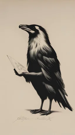 crow badger sevant holding a folded napkin, with distinct shadow on paper, signed by a master caligrapher