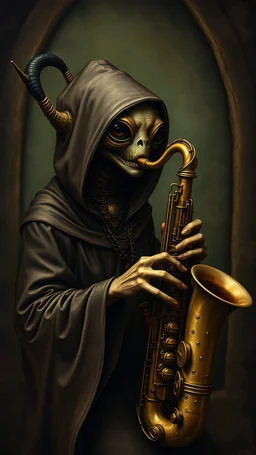 Hieronymus Bosch style , a hooded alien playing the saxophone