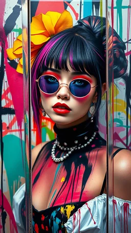 Colorful Graffiti. Urban harajuku hip hop fashion, underground gothic model. full body frame. wearing fashionable dinner dress. Magic. circle lenses, doe eyes. Portrait Composed of refracted partitions with bands of bold ink lines, colorful brush strokes. Colorful makeup. Art by Alex Maleev, Malcolm Liepke, David Downton, Léon Bakst, Gustav Klimt, Henri de Toulouse Lautrec, Jacek Malczewski, Sabbas Apterus, Frank Xavier Leyendecker, Florence Harrison. high quality. 4k