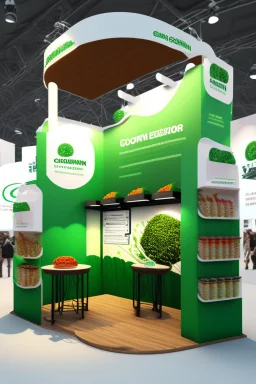 Corner green exhibition stand of a food company with product displays and a meeting area