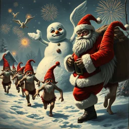 there is no kebabs at christmas, evil Santa, evil naked gnomes running around, staring flaming eyes, evil naked Rudolf, very big evil melting angry Frosty the snowman in background, 1940 christmas postcard, Flying angels, fireworks, Tim burton style