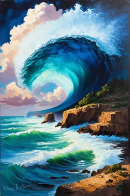 The heart’s wave would never have risen up so beautifully in its cloud of spray, and become spirit, were it not for the grim old cliff of destiny standing in its way; thick acrylic paint; Post Impressionist