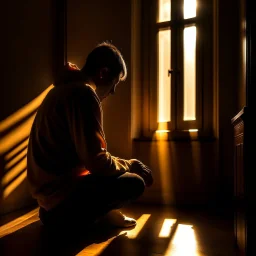 A single figure kneels in prayer, bathed in a warm, golden light spilling through a window. The figure's features are obscured, focusing on the posture of surrender and a subtle glow around the heart area.