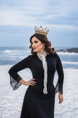 full body of very beautiful lady midi skirt and blouse , curvy hair with small crown and lace scarf ,standing idle happy pose in studio pretty makeup