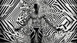 An abstract black and white image showing a person with their body patterned with geometric shapes and lines, creating a striking optical illusion effect.