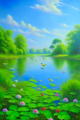 impressionism nature peace communication compassion tranquility water lillies birds blue sky meadow