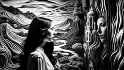 Black and white and colors, 3d surreal, hand-made modeling landscape, long dark hair woman contemplating, immersive-inspired dreamlike landscape, inside and out, salvador dali inspiration