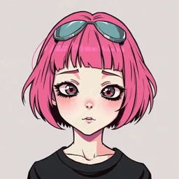 retro anime art style,a short hair girl,cute,dark pink hair color,metal,thin lines,wild art,disturbing,Yandere,kawaii,Pixelated