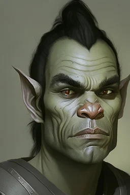 Portrait of an half-orc, grey skin, proud look, short dark hair