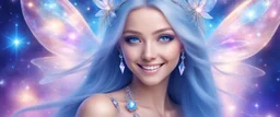 in the middle of the image entire face and head of a beautiful bright fairy cosmic women with cosmic long straight hair, crystal jewel and dressed with a magic crystal suit. she has light make up and a sweety smile. she has a magic bright ray over the head