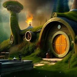 hyper-real hobbit house with smoke coming from the chimney in the forest with the milky way in the background