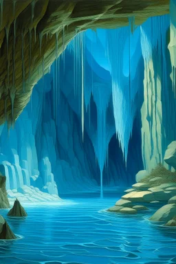 A blue cave with a waterfall designed in Navajo baskets painted by Peter Carl Faberge