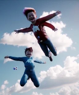 Ultra realistic clouds sky scene, medium shot view, portrait, sweet Childs, free jumping flying, trinkets, monster hair, jelly beans, balls, smile, happy, Peter Pan style, inflatable color clothing, extreme, wind, clouds sea, 20,000 feet altitude, stratosphere, soft color, highly detailed, unreal engine 5, ray tracing, RTX, lumen lighting, ultra detail, volumetric lighting, 3d, finely drawn, high definition, high resolution.