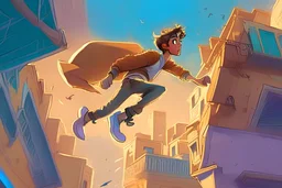 Pastle art cartoon young man, honey highlights, jumping over rooftops, Aladdin looking, biblical. Glene Keane, Clare Keane, cinematic lighting. 4K, biblical streets, star wars worlds edge streets, the story keepers, new testement animations