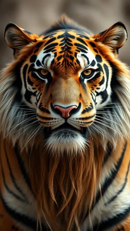 Tiger front view with human look face and long hair and beard looks like an ancient Sumerian gods