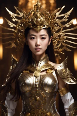 Half body Photography,very beautiful Modeling Chinese Woman,full body,looking front view,brown long hair, mechanical,delicate gold,silver metalic parts, golden parts, intricate armor, detailed part,Movie Still