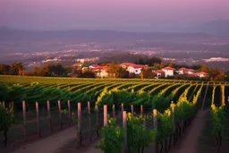 viñedos al atardecer con un pueblo al fondo, fotografía real, foto periodismo, fotografía realizada con una cámara Leica y un objetivo de 50mm