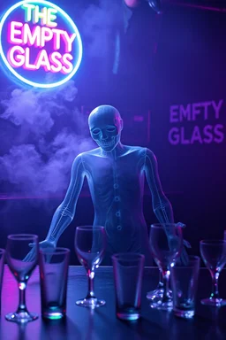 An "empty sad man" performing at dance club, his name is "Körven" Very sad looking and body and head is made of glass, empty glasses on stage, Neon lights and smog, "THE EMPTY GLASS" sign on the wall