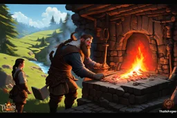 Medieval fantasy panoramic: Thalgrim's Forge built into mountainside. Stone-timber workshop with blackened walls, forge heat radiating. Dwarf blacksmith Thalgrim works glowing anvil while apprentice Eira watches. Outside: mining tools, gears, pulleys. Green terraces, forest, river reflects sky. Broad-shouldered dwarf, braided beard, focused eyes reflect red-hot metal. Sharp-eyed human apprentice assists. Orange smoke meets blue-green sky Spring foliage, echoing hammer sounds mix with river flow