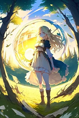 Anime, blonde girl in medieval clothing in large field in the middle of the forest with a globe of light next to her