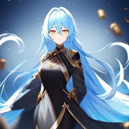Clear focus, High resolution, Long light blue fluffy hair, hair between eyes, yellow eyes, wearing black magma shorts, detailed outfit, blue and black outfit, gold accessory