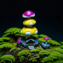 "Close up of a wonderful tiny Mushroom Tower home. Magenta and yellow with bright white, deep black and contrasting tones of gray magenta and violet colors. Illuminated bioluminescent forest. Professional painter, master at composition. small but detailed. broken, blurred background, voluminous lighting"