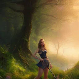 Insanely beautiful girl, sunny, relaxing, mountain, trees, glossy, real details, hyper ultra photo realistic, fantasy art, glowing landscape, 8k