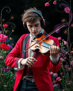 Gorgeous Realistic Photography a handsome young man a stunning adorned in vibrant luxury casual man clothing carnival attire, headphones,playing violin standing in garden park flowers,ethereal beauty, black background, with swirling colors and fantastical tiny flowers, enchantment and grace, twisted vines, whimsical, surreal landscapes, emotive style, dreamlike quality, and magical realism, carnival red, ethereal pink, whimsical blue, vibrant green, celestial purple, golden amber