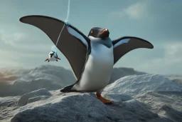 penguin flying in the sky with his two wings