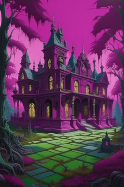 A purplish magenta haunted mansion with many rooms painted by Lucas van Leyden