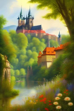 Prague castle, forest, protection of nature, ecology, oil painting, beautiful garden, flowers, warm colors, animals, Czech republic, lake