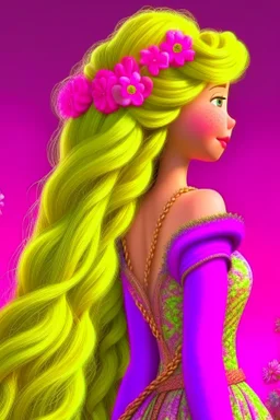 Princess Rapunzel's hair is braided and decorated with beautiful and charming pink flowers in very calm colors