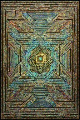 sacred geometry; Cubic multidimensional fractal optical art inspired by Escher filled in with Iridescent golden sides inspired by Klimt and colorful sides inspired by Klee