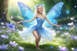 a cosmic beautiful smiling fairy dancer dancing in a magical lawn with a crystal creek and fairy butterfly. She has blue eyes white teeth and a sweety smile